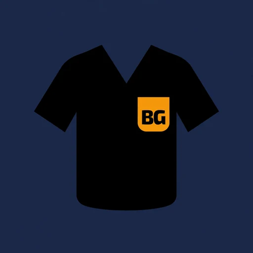 BG Scrubs app icon showing a black scrub top with an orange BG pocket