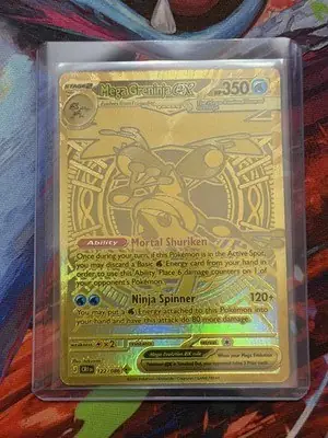 Mega Greninja ex gold Mega Hyper Rare card, number 122 from Chaos Rising, in a protective case