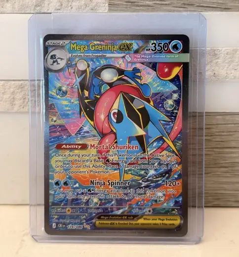 Mega Greninja ex Special Illustration Rare card, number 116 from Chaos Rising, in a protective case