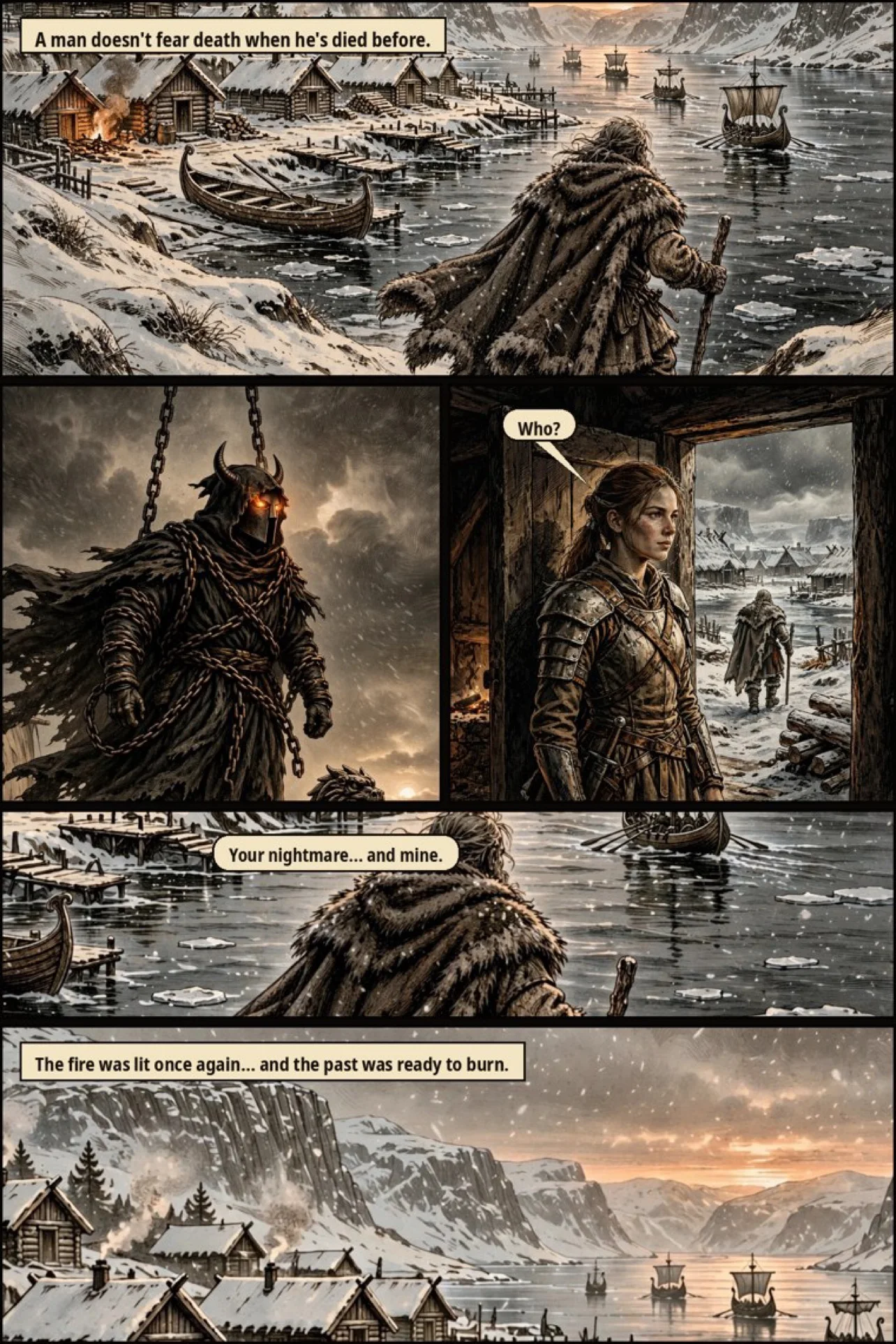 A finished page from Crippled Spirits: a chained, horned figure with glowing eyes appears at a snow-covered fjord village