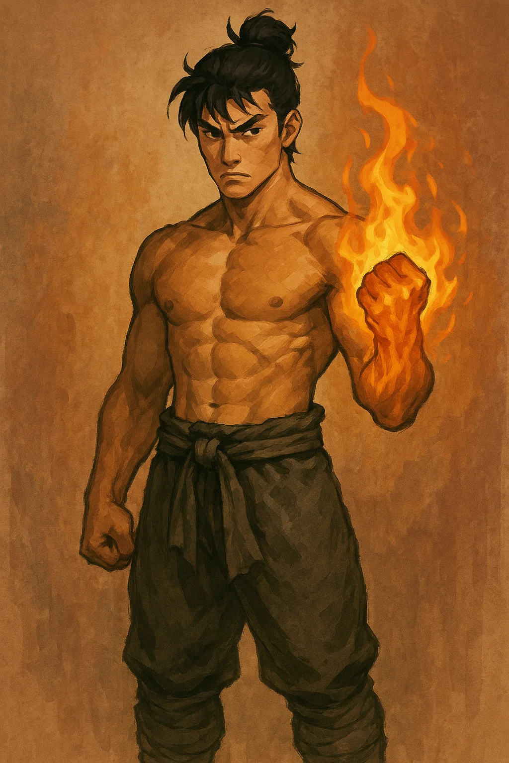Shun, Godai of fire — painted character art of a martial artist with a flaming fist, from Crippled Spirits