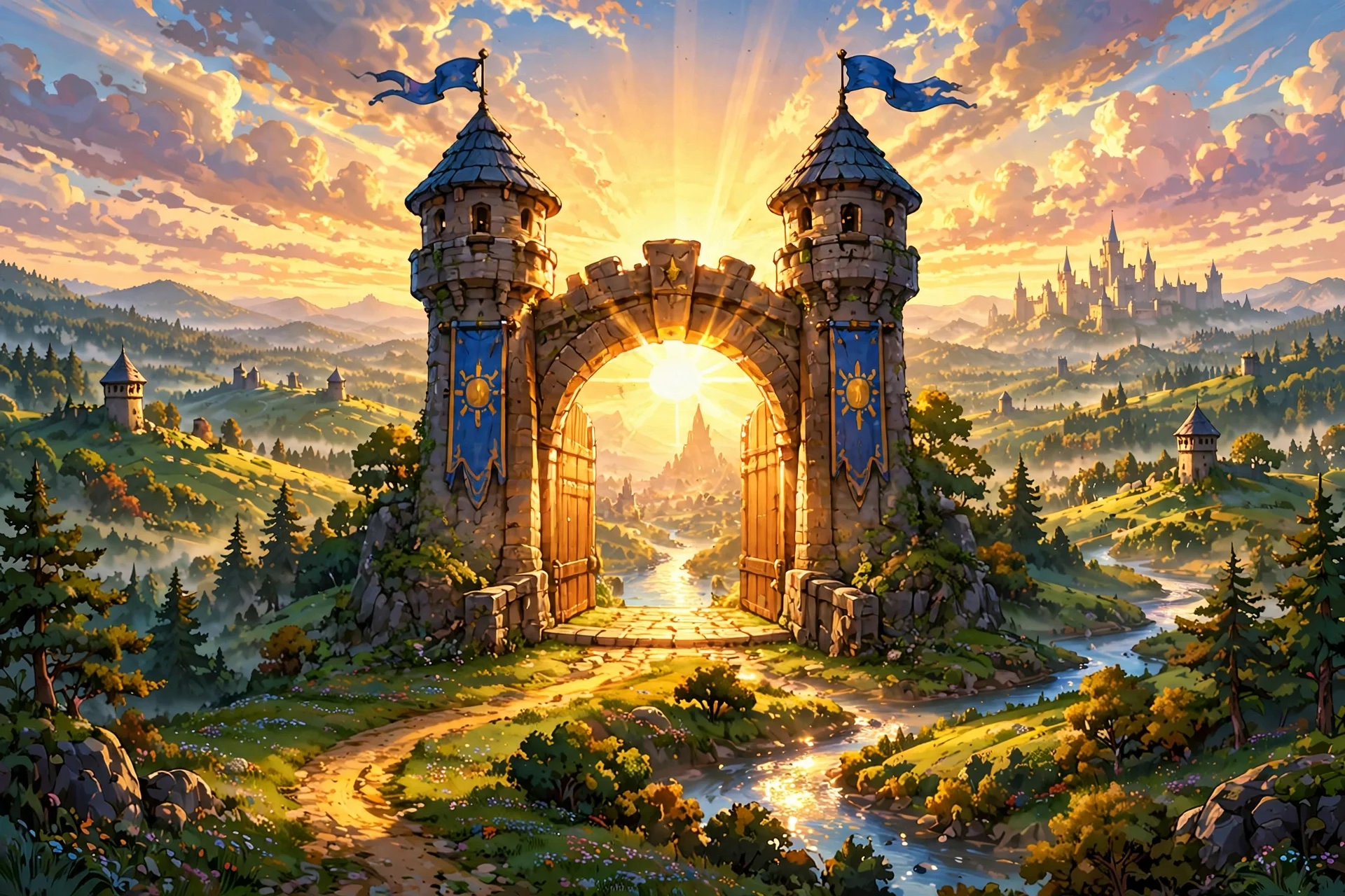 Everward TD key art: the dawn gate — twin stone towers with blue sun banners, the sun rising through the open gate over a green vale with a winding path, a river, watchtowers and a castle on the horizon
