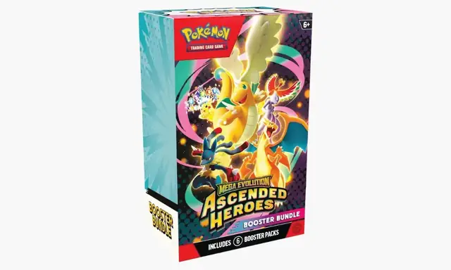 Pokémon Mega Evolution Ascended Heroes Booster Bundle box with Mega Dragonite artwork, includes 6 booster packs