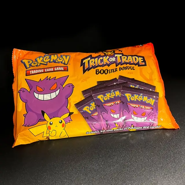 Pokémon Trick or Trade BOOster Bundle 2022 bag with Gengar and Pikachu artwork and mini booster packs