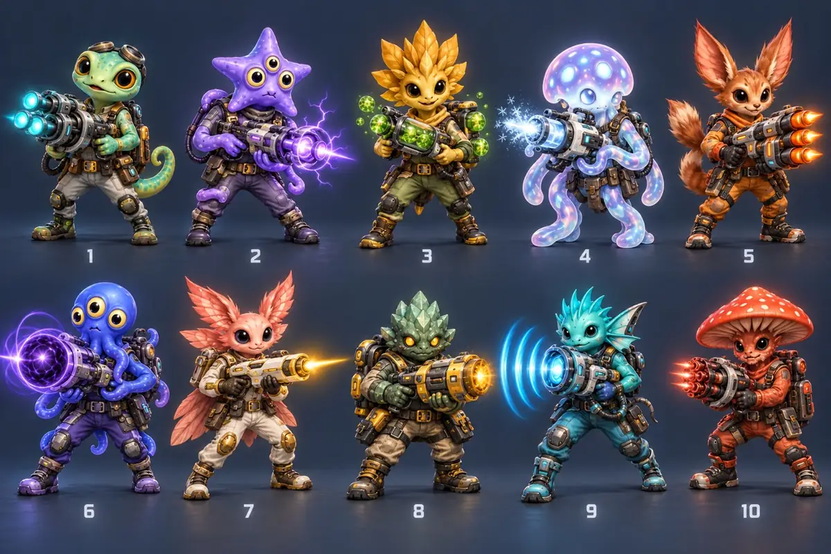 Ten colorful alien Starward companions, each carrying a distinct sci-fi blaster