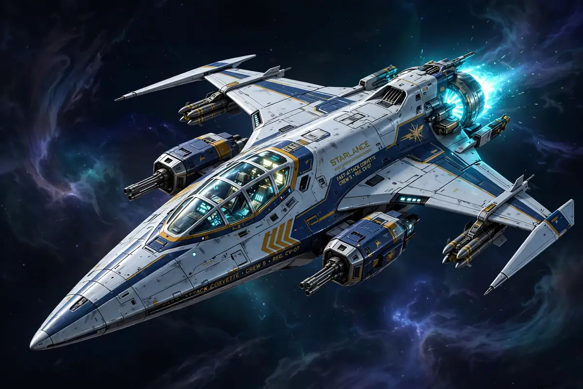 The Starlance corvette flying through deep space